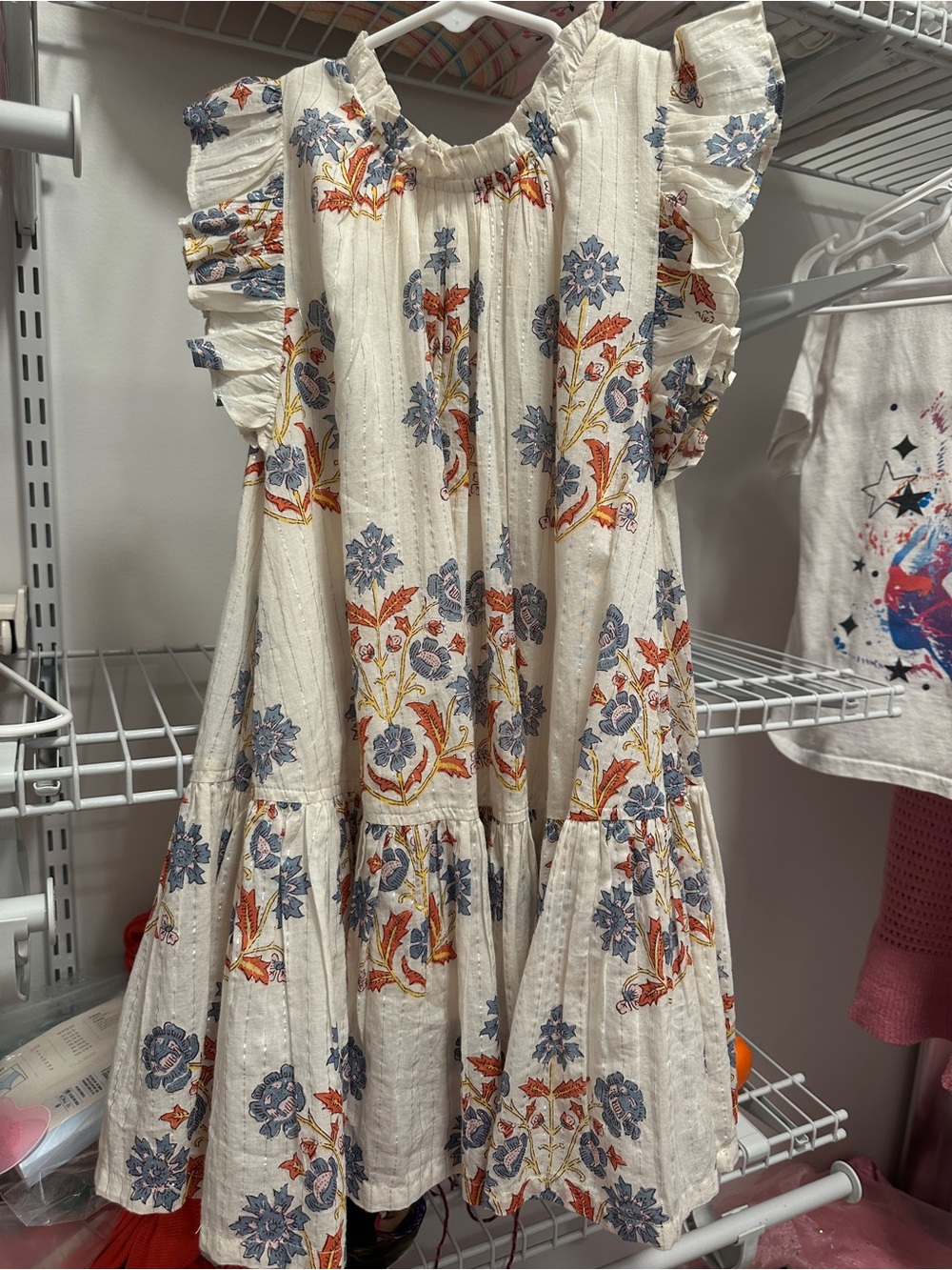 Pink Chicken Cream Floral Ruffle Sleeve Dress with Blue & Orange Flowers